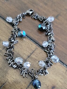 Gunmetal Chain Bracelet with Clear and Iridescent Beads